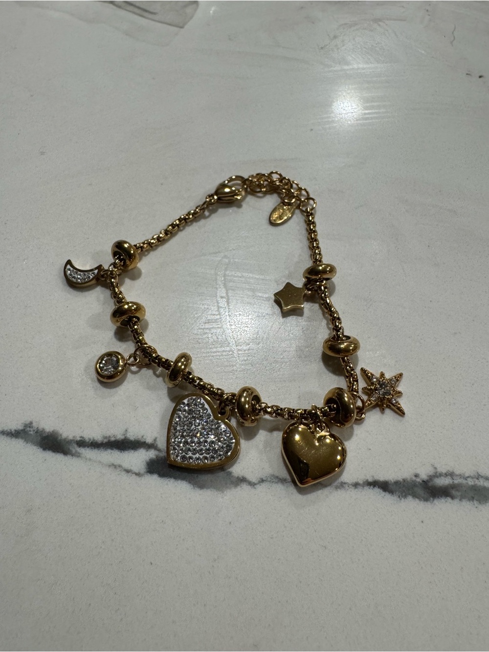 Gold plated stainless steel Heart Charm Bracelet with Crystal Accents
